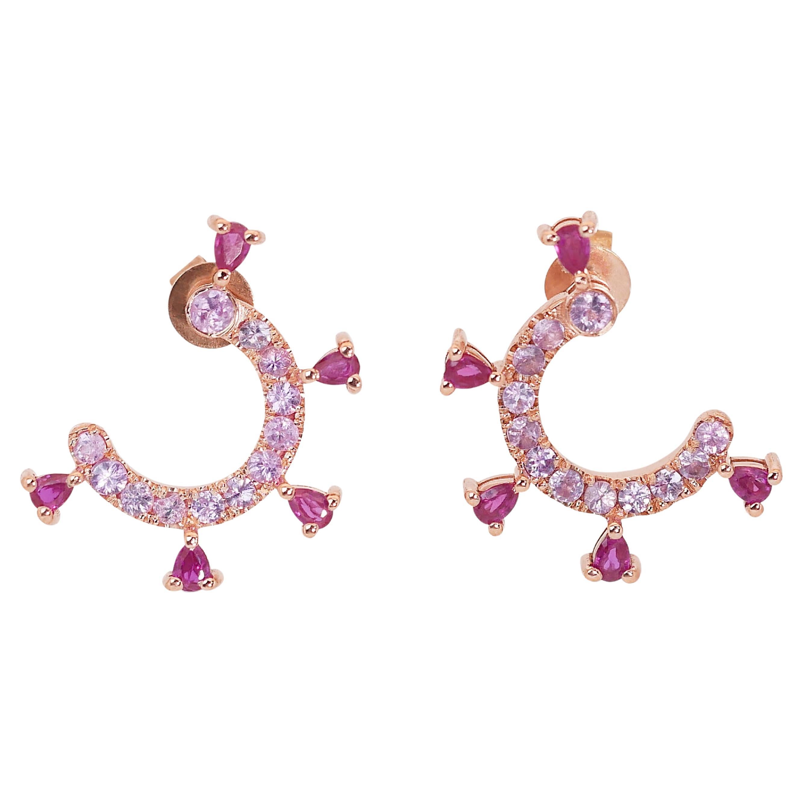 Sparkling 18K Rose Gold Ruby & Sapphire Hoop Earrings w/ 1.88 ct - AIG Certified For Sale