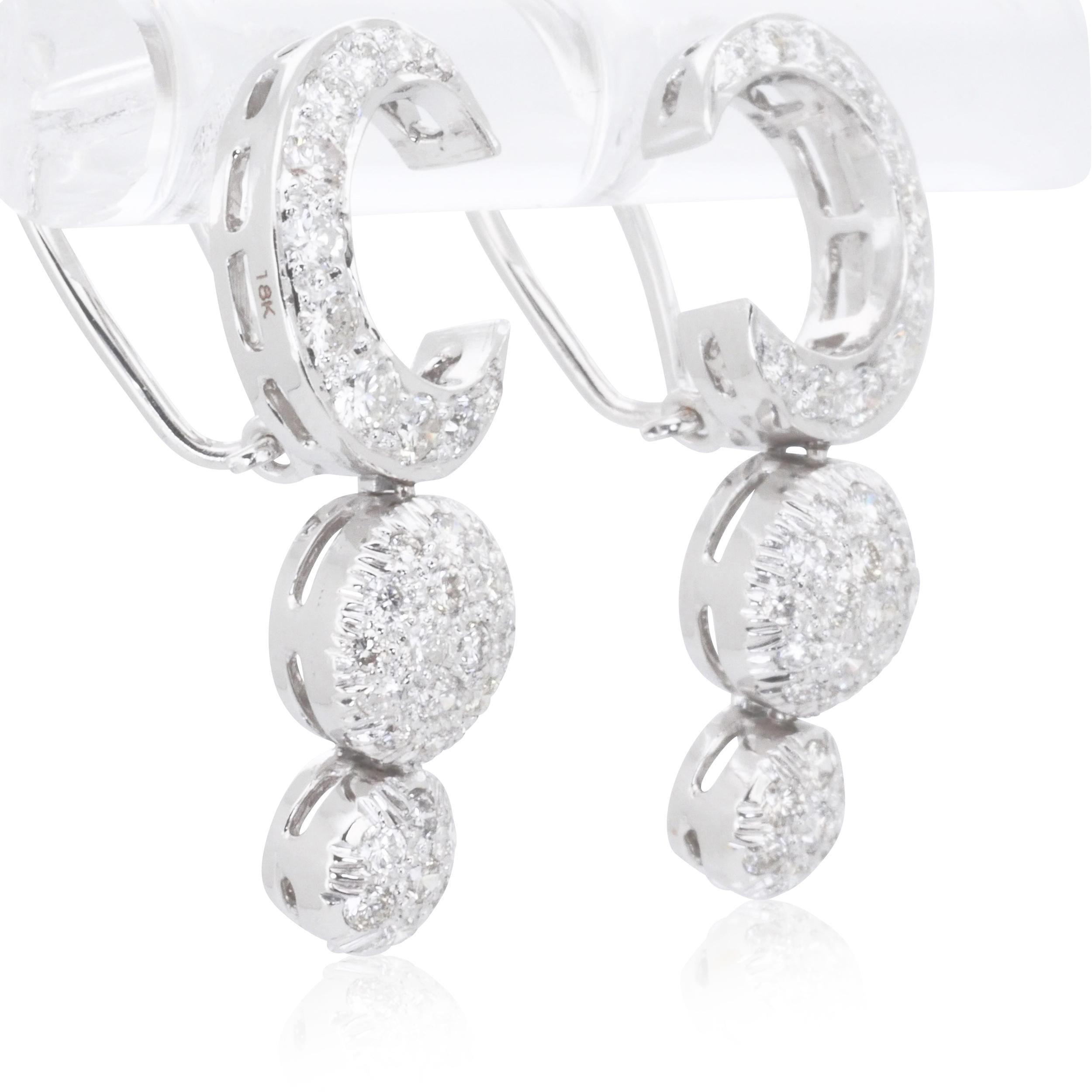 Round Cut Sparkling 18k White Gold Dangle Earrings with 2.4 carat Natural Diamond