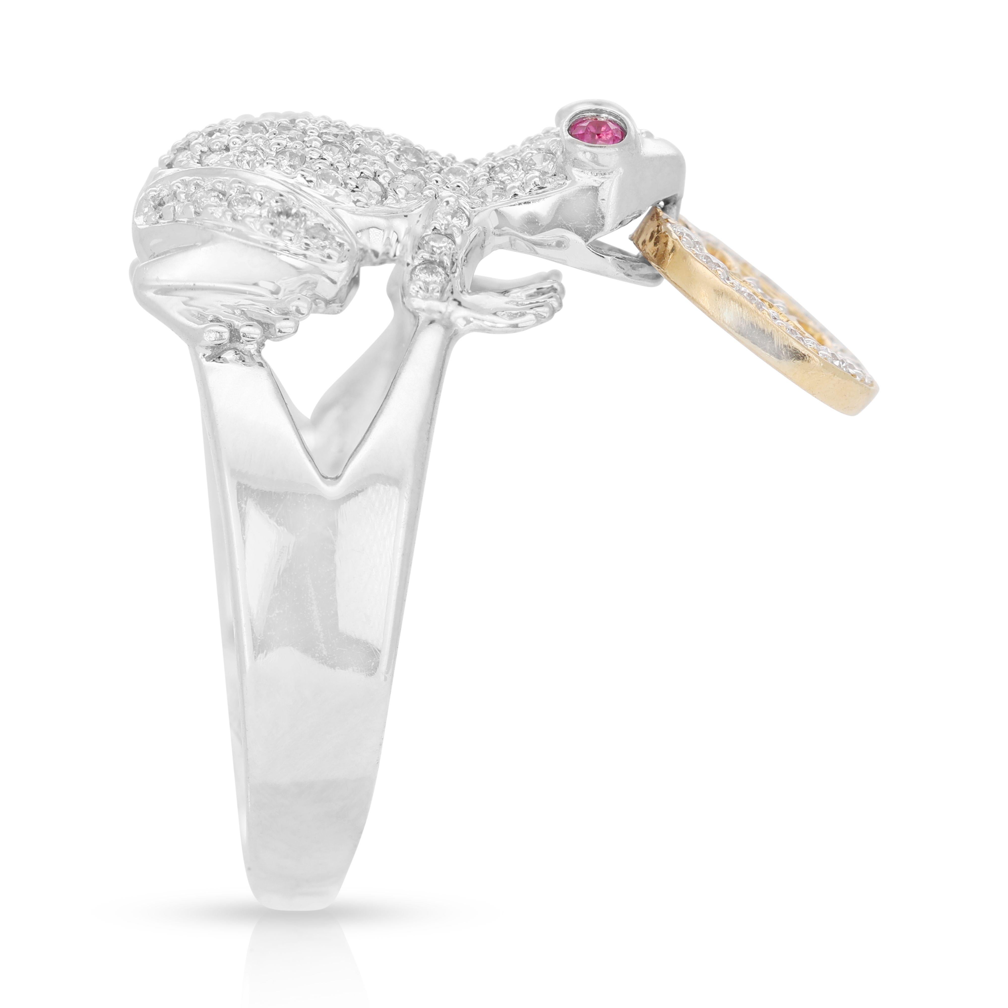 Round Cut Sparkling 18k White Gold Frog Ring with 0.39ct Natural Rubies and Diamonds For Sale