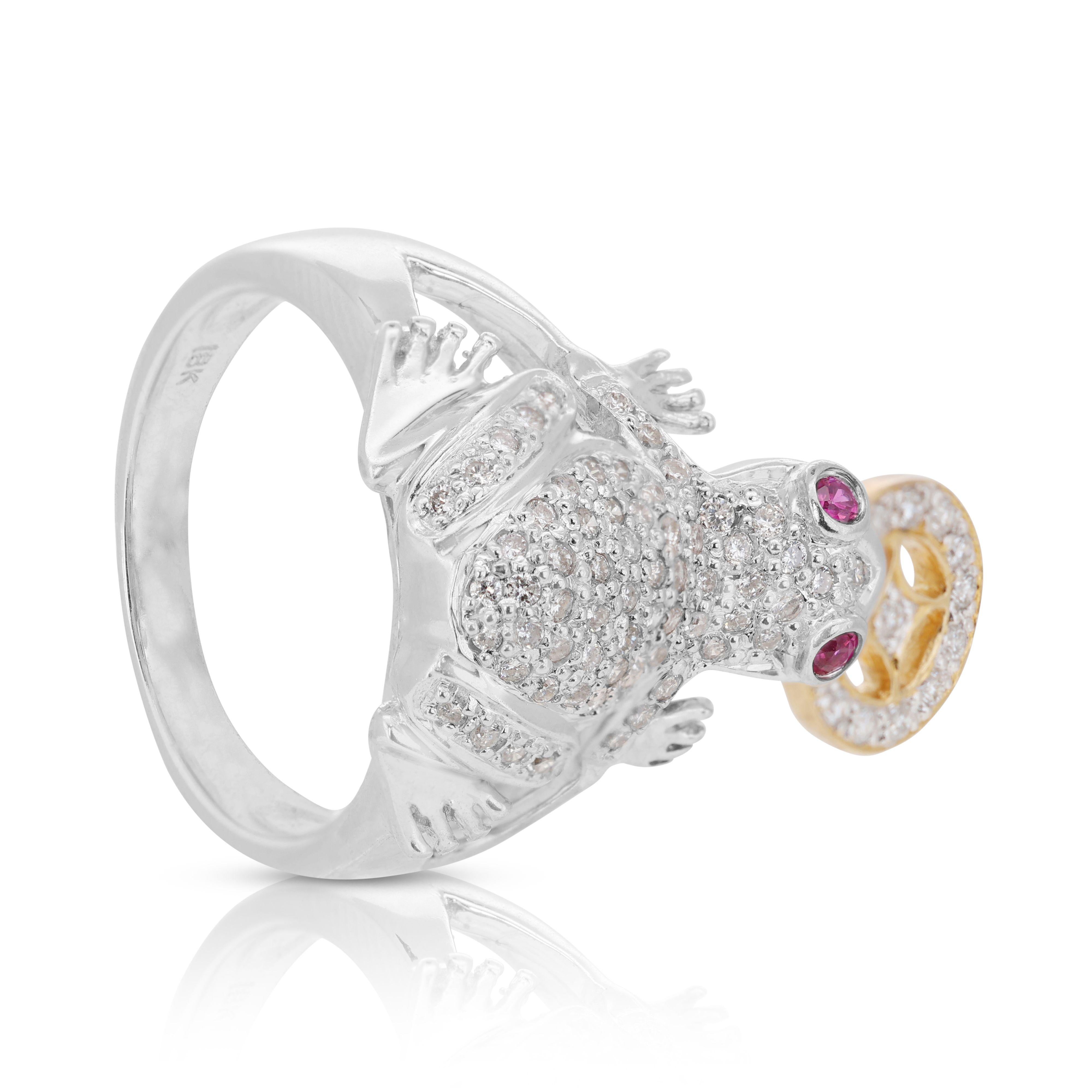 Sparkling 18k White Gold Frog Ring with 0.39ct Natural Rubies and Diamonds In New Condition For Sale In רמת גן, IL