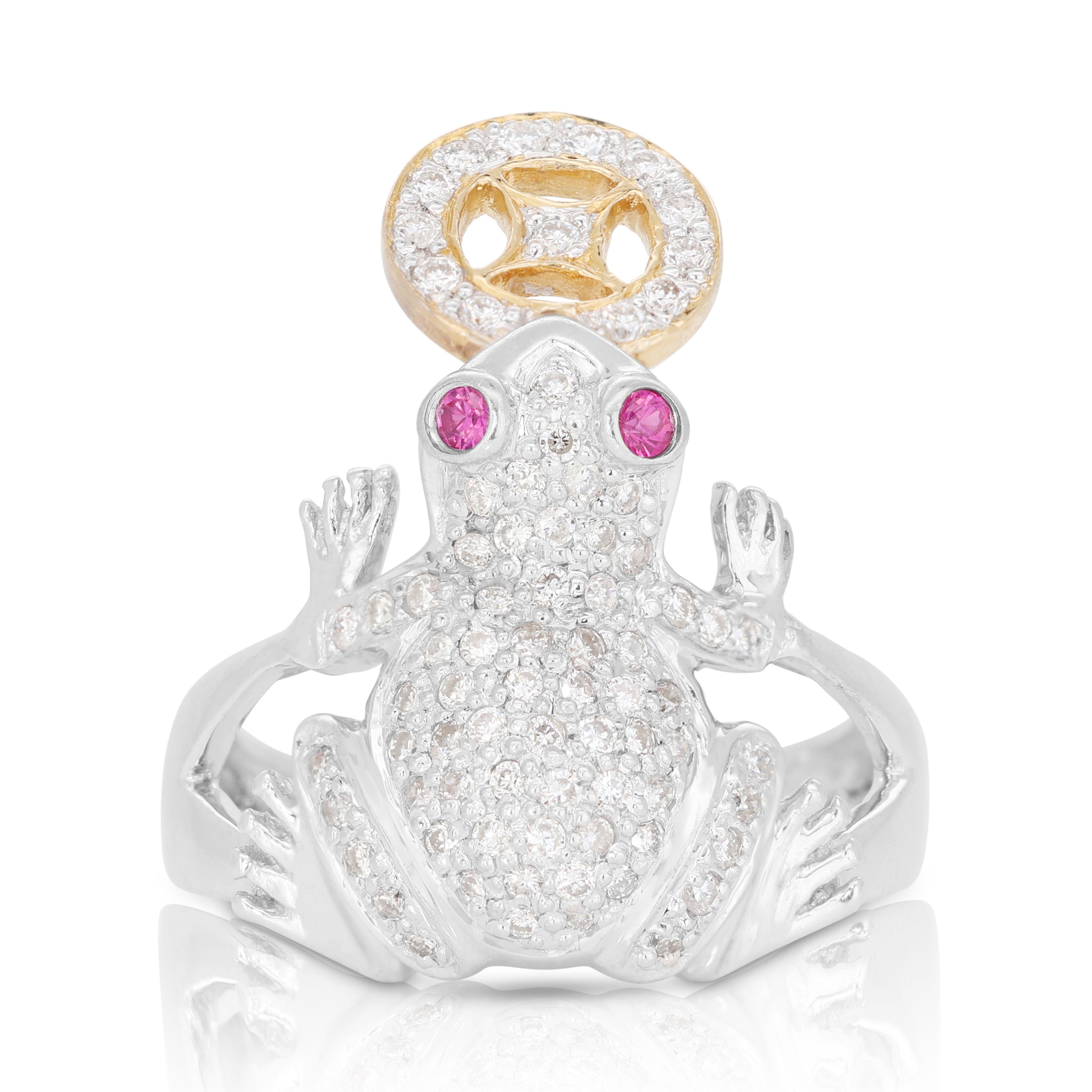 Sparkling 18k White Gold Frog Ring with 0.39ct Natural Rubies and Diamonds