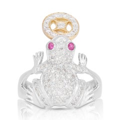 Sparkling 18k White Gold Frog Ring with 0.39ct Natural Rubies and Diamonds