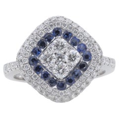Sparkling 18k White Gold Halo Ring with 3.07 Carat Natural Sapphire and Diamonds