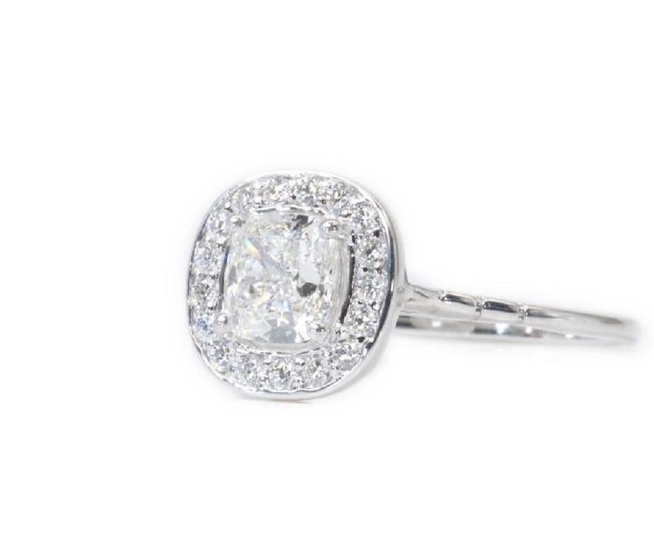 Women's Sparkling 18k White Gold Halo Ring with 0.97 Ct Natural Diamonds, GIA Cert