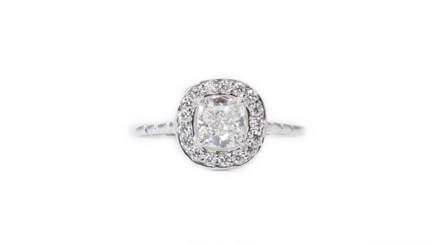 Sparkling 18k White Gold Halo Ring with 0.97 Ct Natural Diamonds, GIA Cert 1