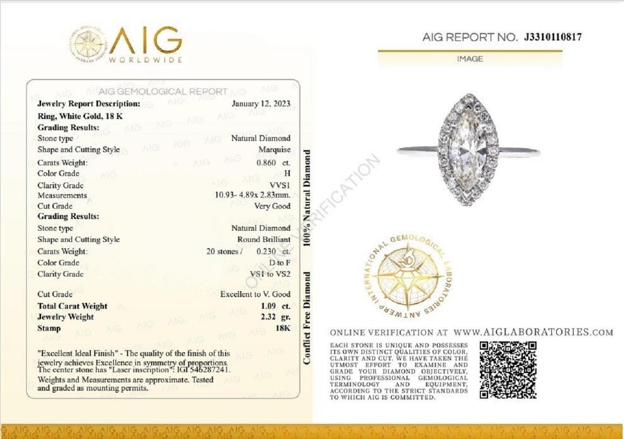 Marquise Cut Sparkling 18k White Gold Marquise Ring with 1.09 ct Natural Diamonds AIG Cert
