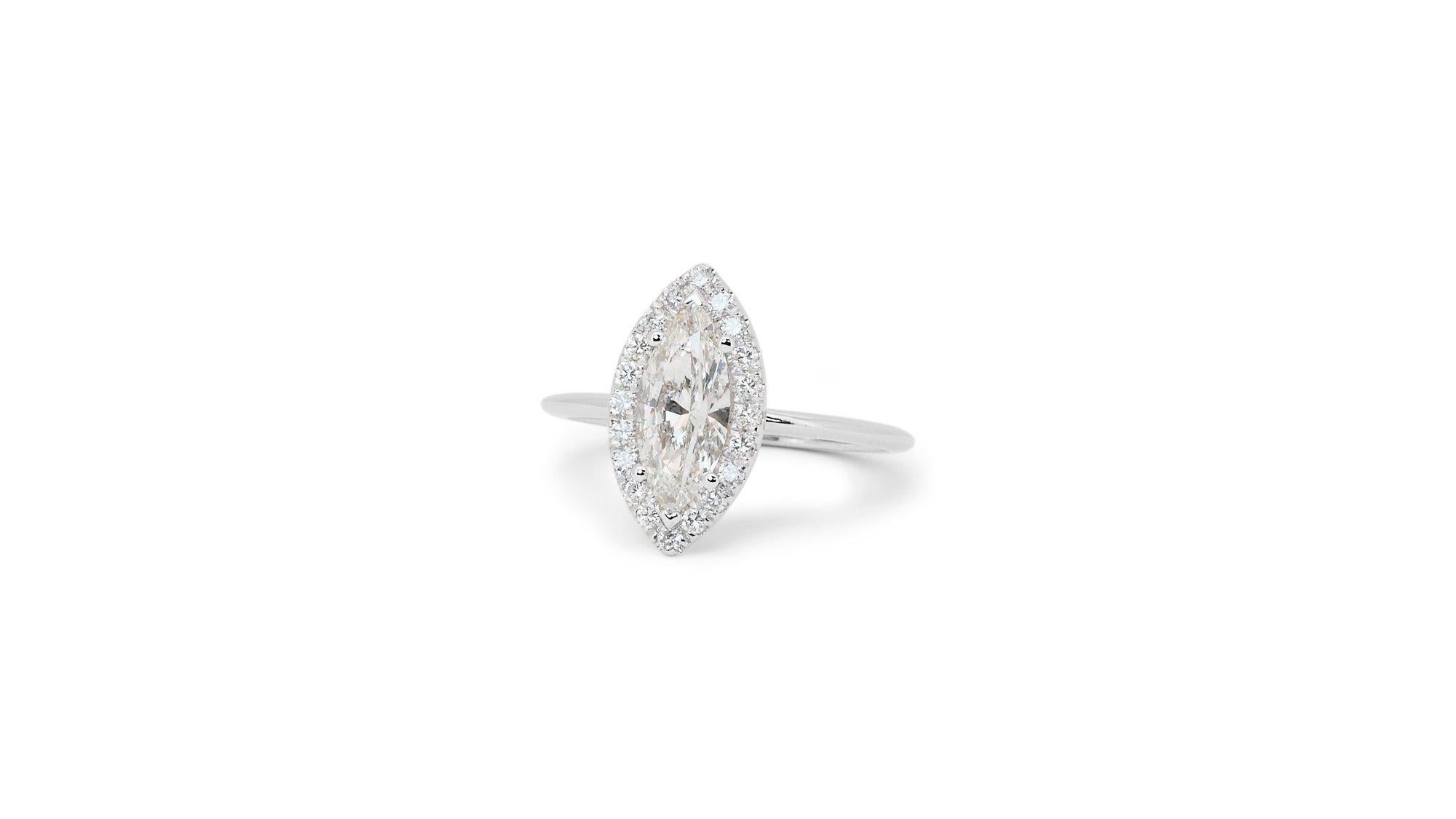 Women's Sparkling 18k White Gold Marquise Ring with 1.09 ct Natural Diamonds AIG Cert