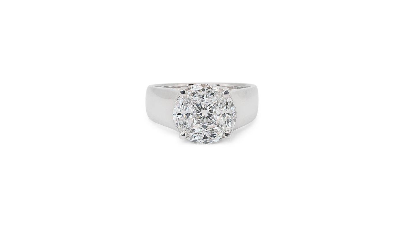A stunning Cluster Ring with a dazzling 0.44-carat Princess cut natural diamond. It has 1 carat of side diamonds which add more to its elegance. The jewelry is made of 18K White Gold with a high-quality polish. It comes with an IGI certificate and a