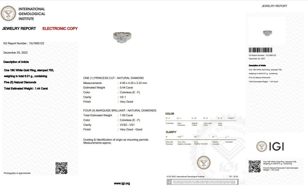 Princess Cut Sparkling 18k White Gold Solitaire Ring with 1.44 Ct Natural Diamonds Igi Cert
