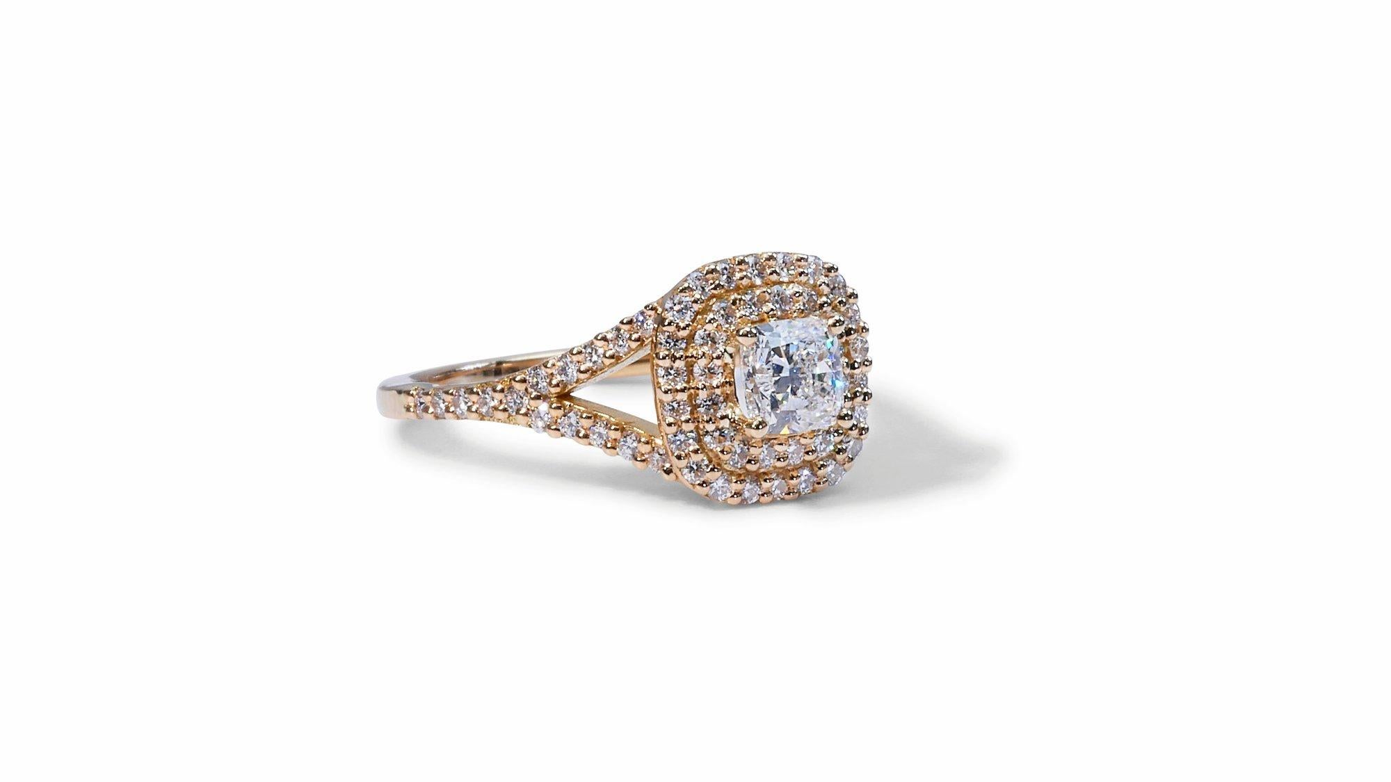 Sparkling 18k Yellow Gold Natural Diamond Double Halo Ring w/1.25 ct - GIA  For Sale 1