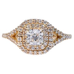 Sparkling 18k Gelbgold Natürlicher Diamant Double Halo Ring mit doppeltem Halo mit/1,25 ct - GIA 