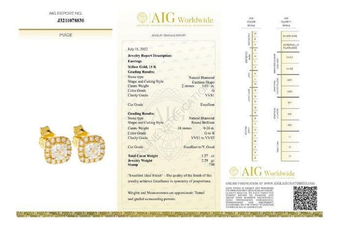 Women's or Men's Sparkling 18k Yellow Gold Stud Earrings with 1.27 Ct Natural Diamonds, Aig Cert For Sale