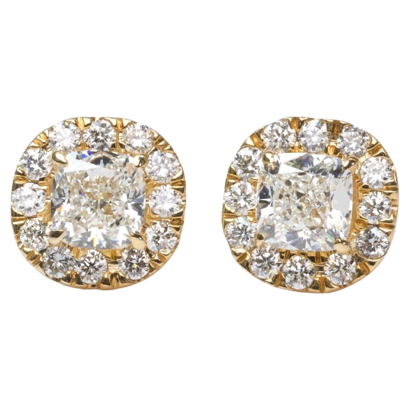 Clous d'oreilles scintillants en or jaune 18 carats avec halo de 1,40 diamants, certificat GIA