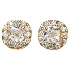 Sparkling 18k Yellow Gold Stud Halo Earrings with 1.40 Diamonds, GIA certificate