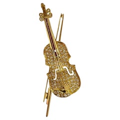 Sparkling 18K Yellow Gold 0.44ct Diamond Violin Brooch/Pendant