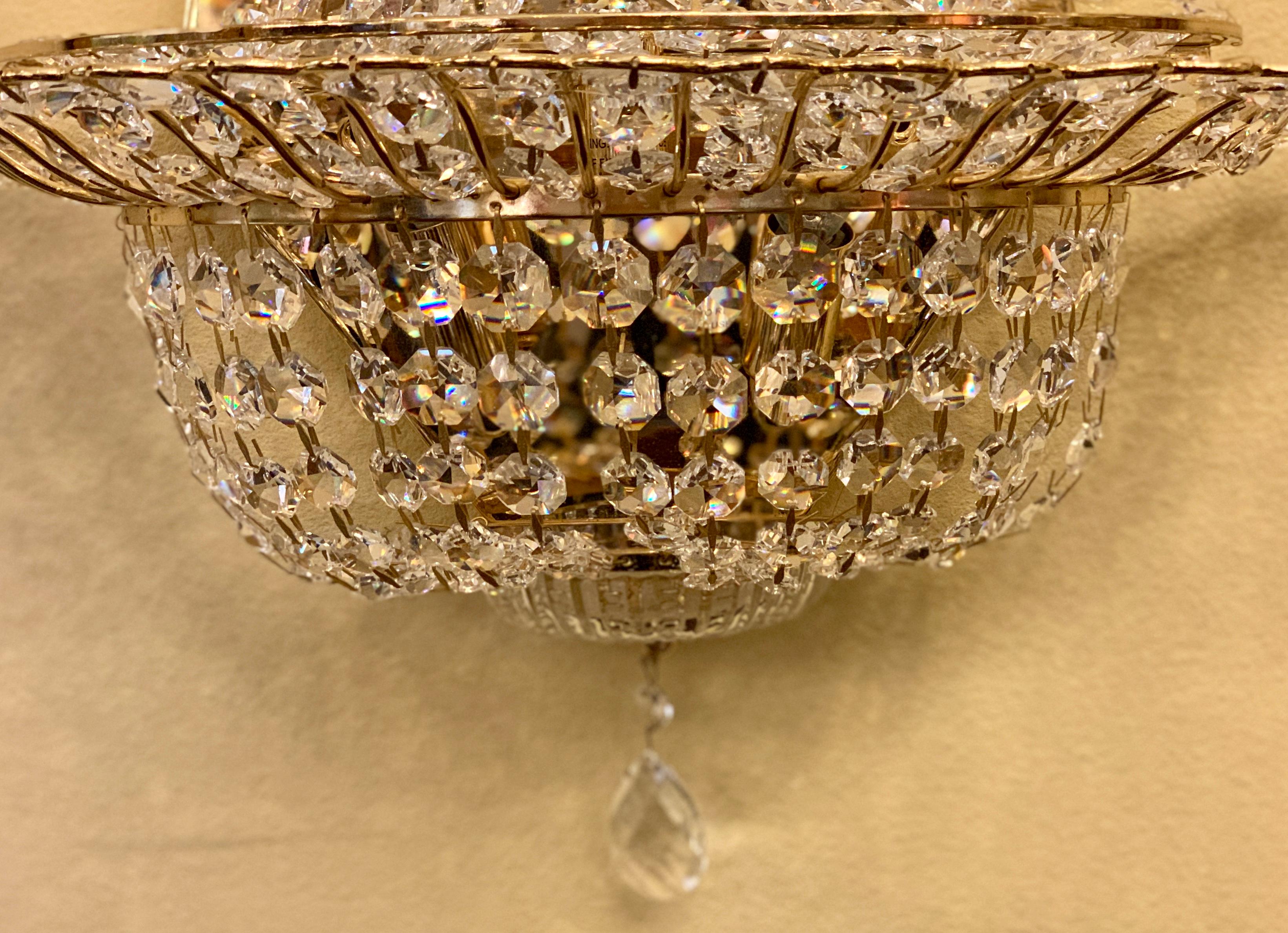 Sparkling 1980s Art Deco Style Crystal Gold Metal Basket Light Sconce For Sale 1