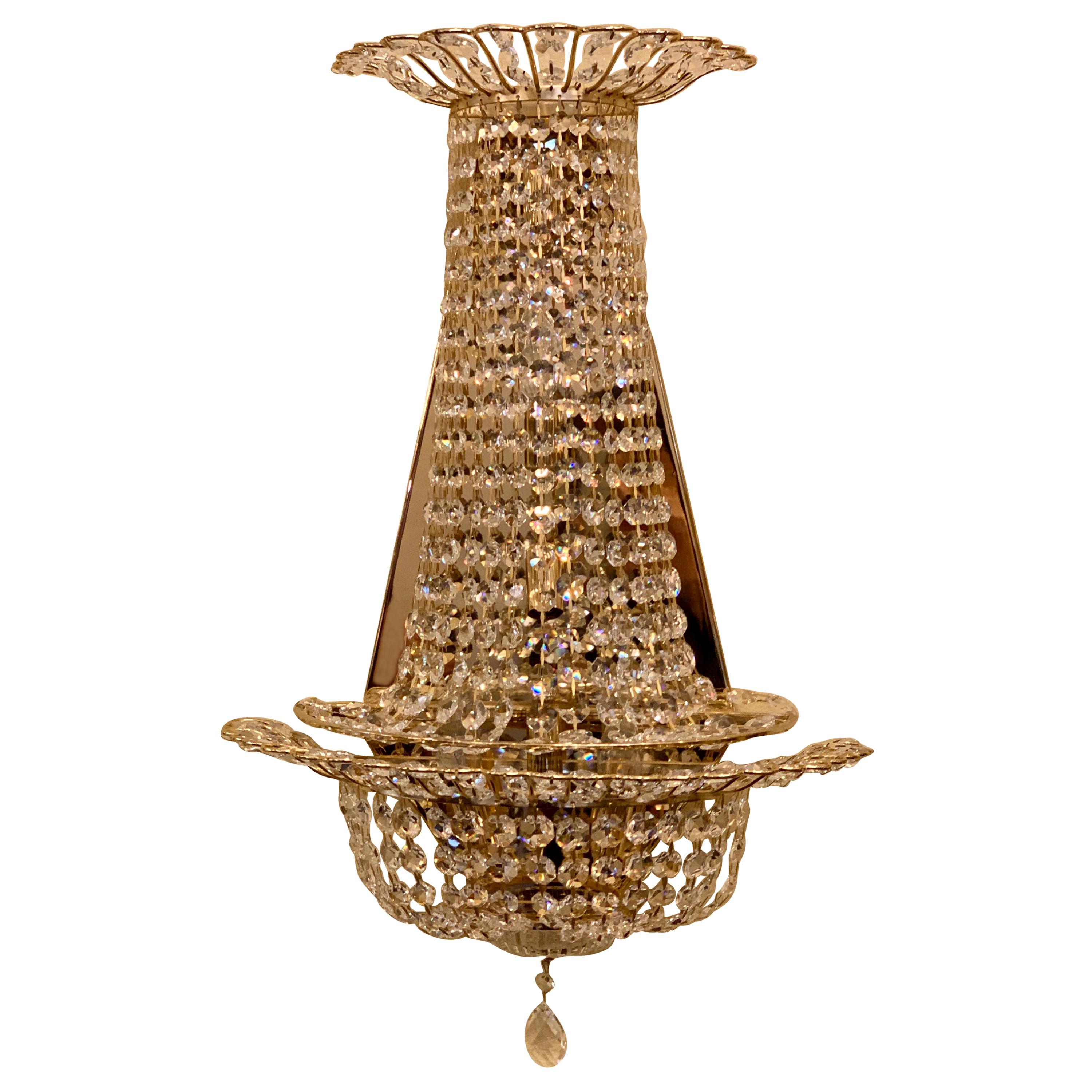 Sparkling 1980s Art Deco Style Crystal Gold Metal Basket Light Sconce For Sale