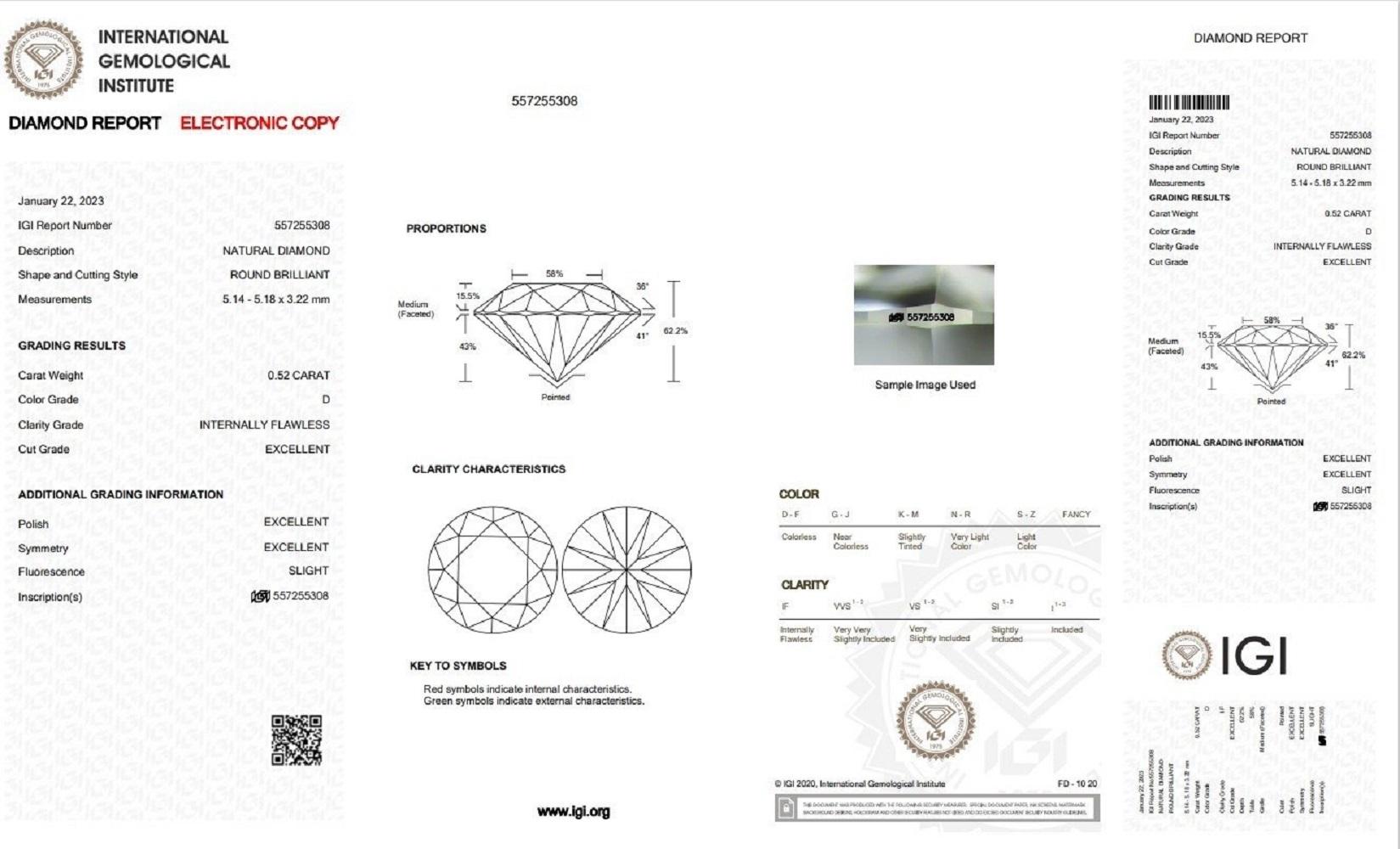 Taille ronde Sparkling 1pc Flawless Natural Diamond avec 0.52 ct Round D IF Certificat IGI en vente