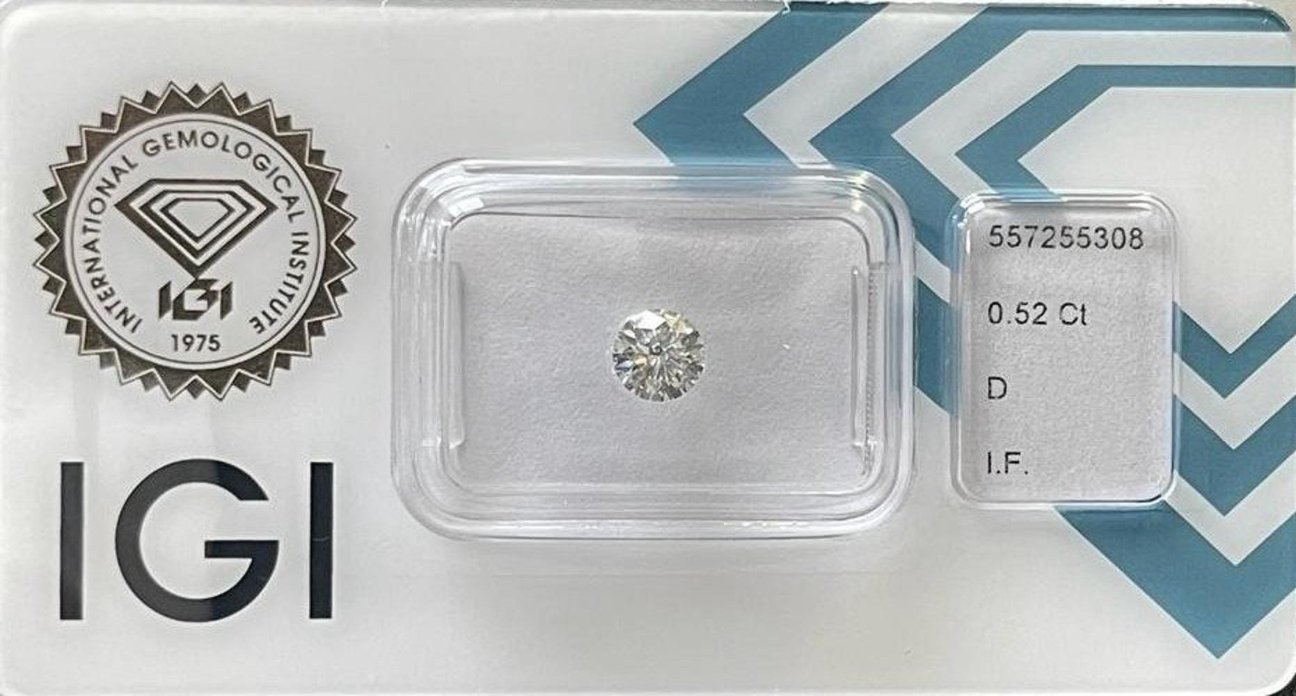 Sparkling 1pc Flawless Natural Diamond with 0.52 ct Round D IF IGI Certificate For Sale 1