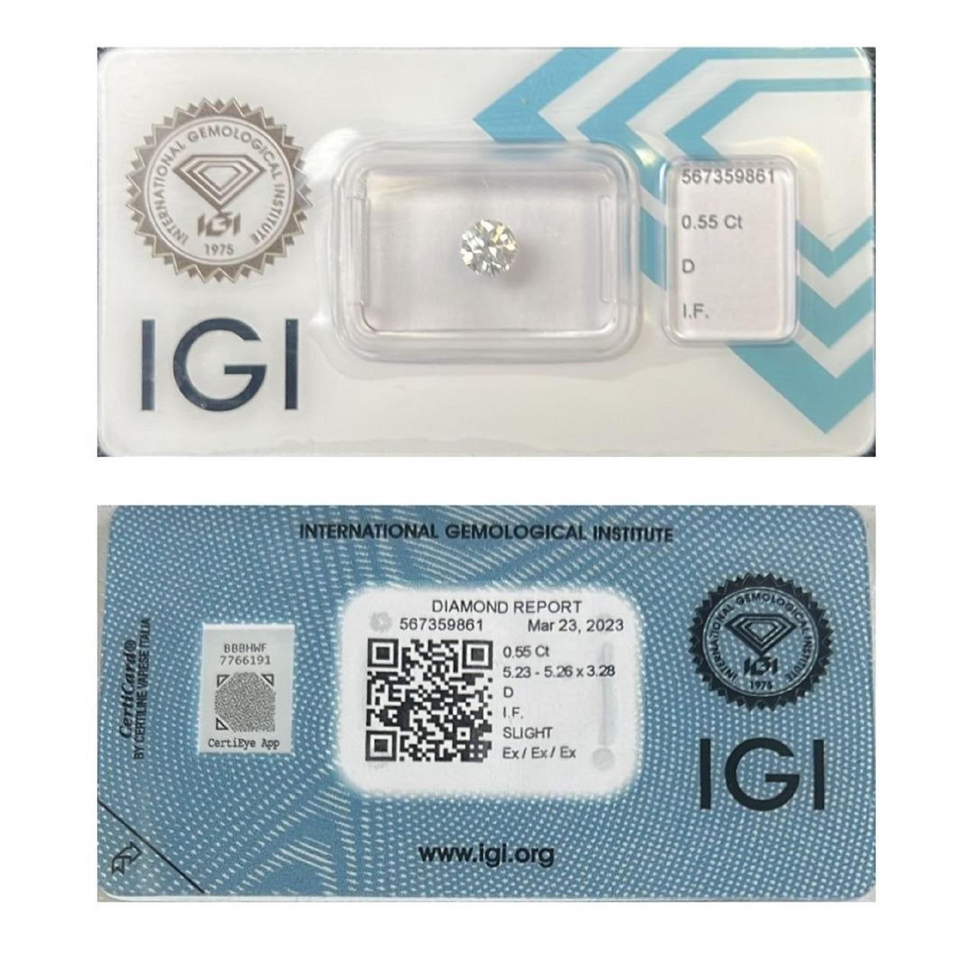 Sparkling 1pc Natural Diamond w/ 0.55 ct Round D IF IGI Certificate For Sale 2