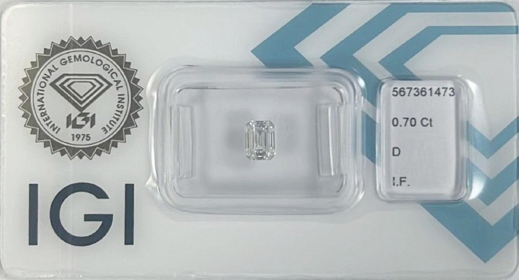 Women's or Men's Sparkling 1pc Natural Diamond w/ 0.70 ct Emerald D IF IGI Certificate For Sale