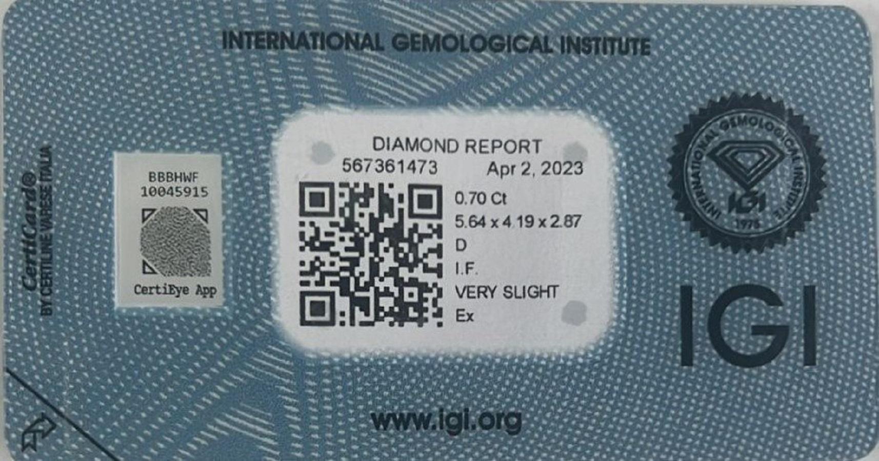Sparkling 1pc Natural Diamond w/ 0.70 ct Emerald D IF IGI Certificate For Sale 1