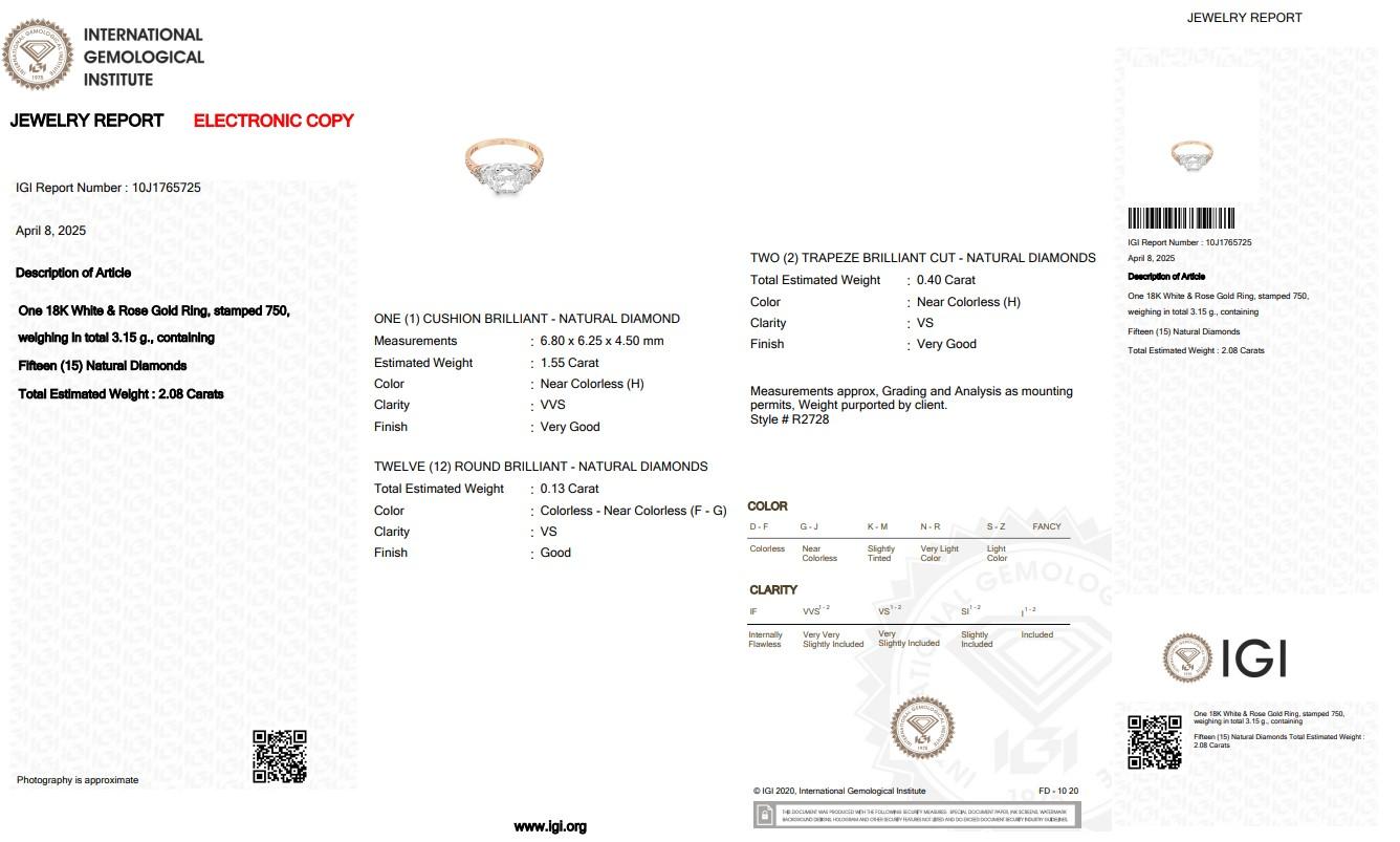 Anello con 2,08 carati di diamanti in oro bianco e rosa 18 carati - certificato IGI in vendita 1