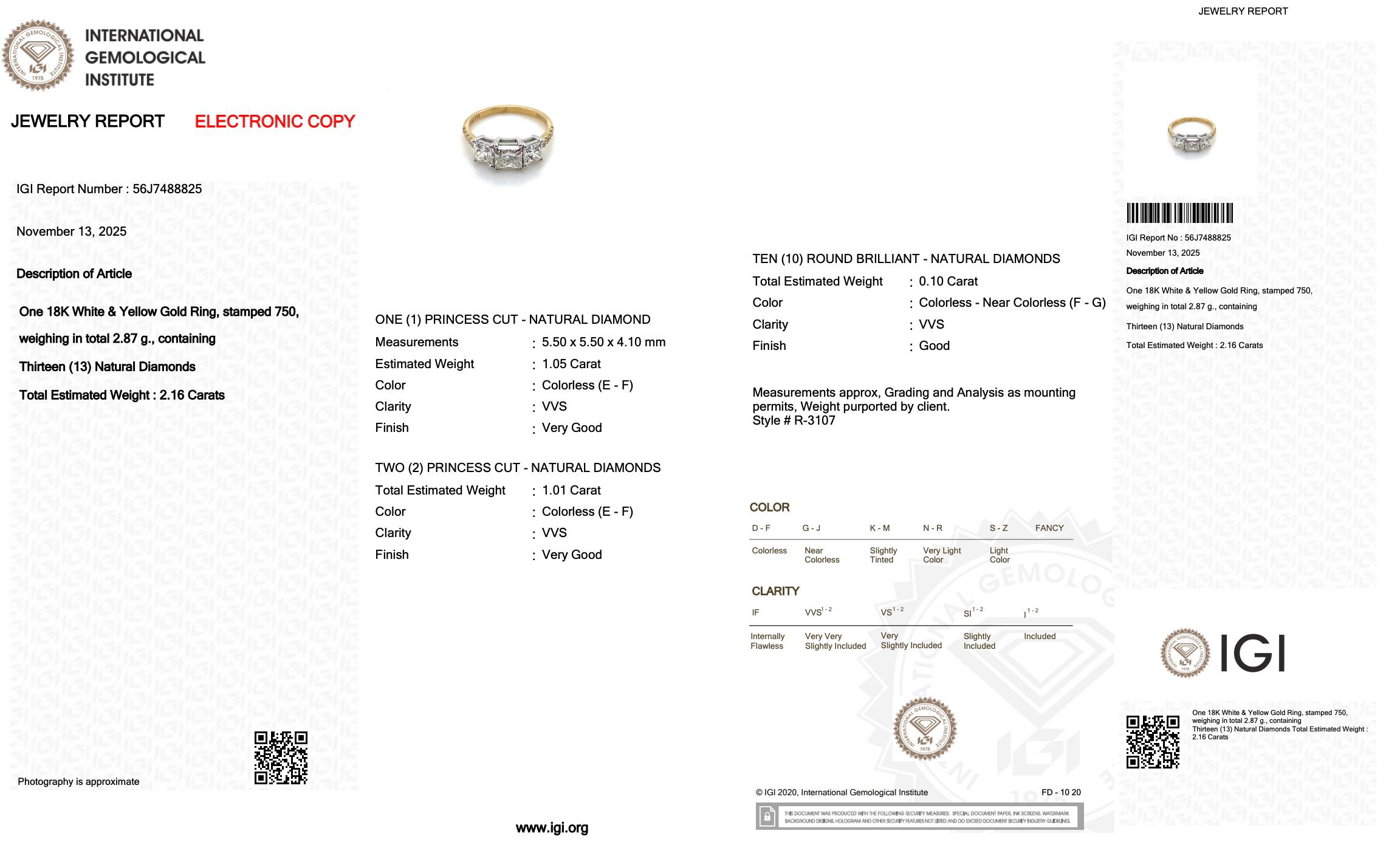 Whiting 2.16ct Diamonds 3-Stone Ring in 18k White & Yellow Gold (Bague à 3 pierres en or blanc et jaune) Pour femmes en vente