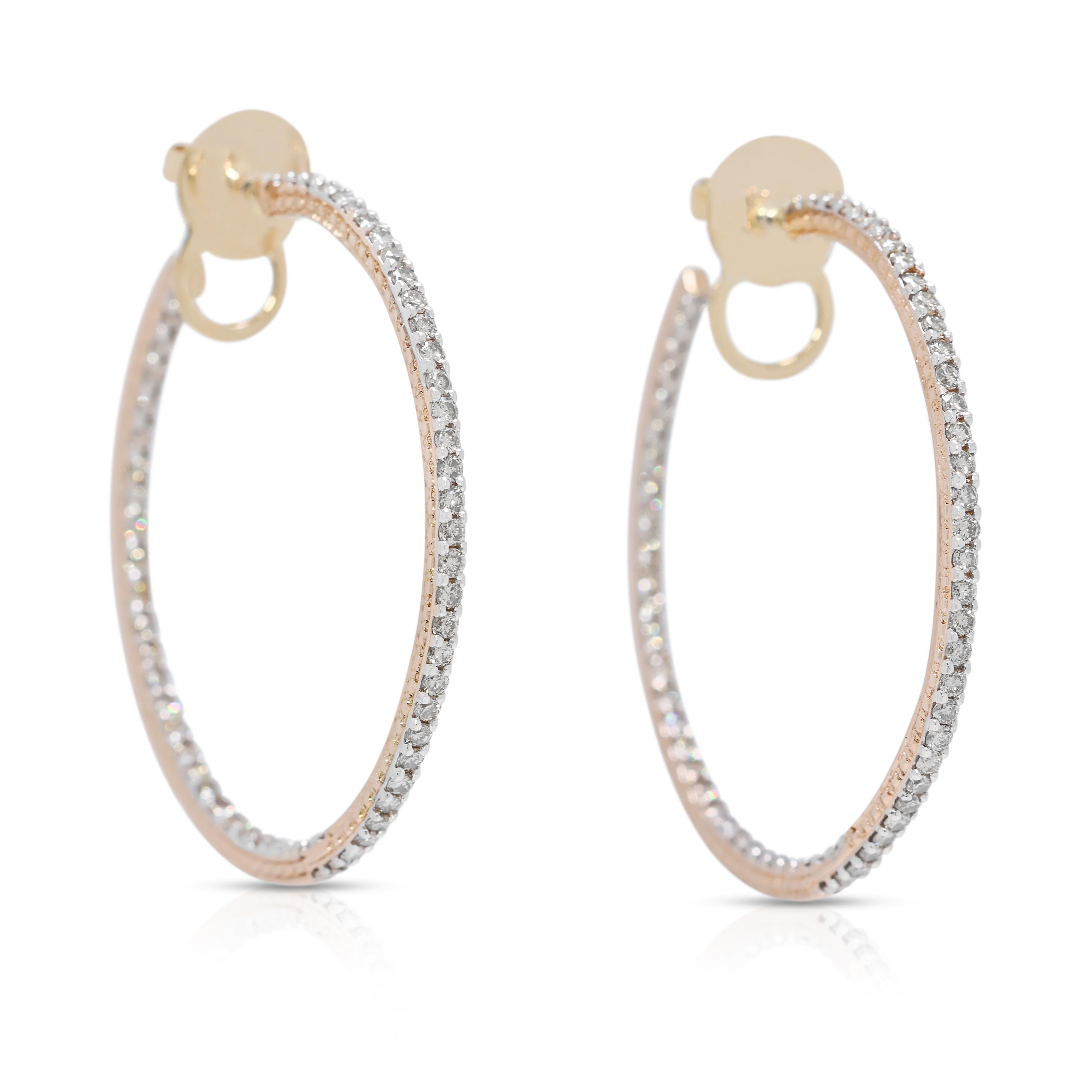 Round Cut Sparkling 2.1ct Natural Brown Diamond Hoop Earrings in 14K Yellow Gold For Sale