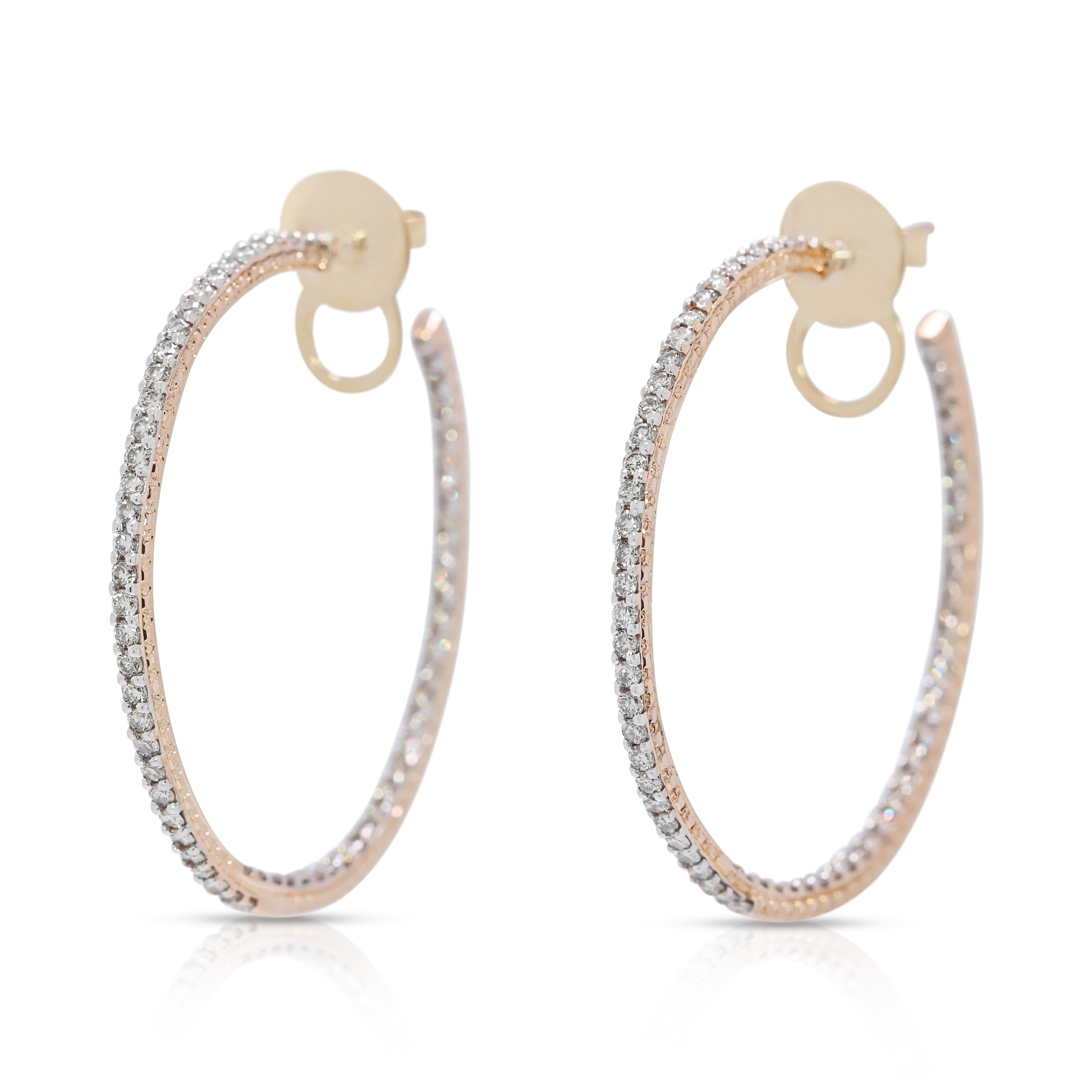 Sparkling 2.1ct Natural Brown Diamond Hoop Earrings in 14K Yellow Gold In Excellent Condition For Sale In רמת גן, IL