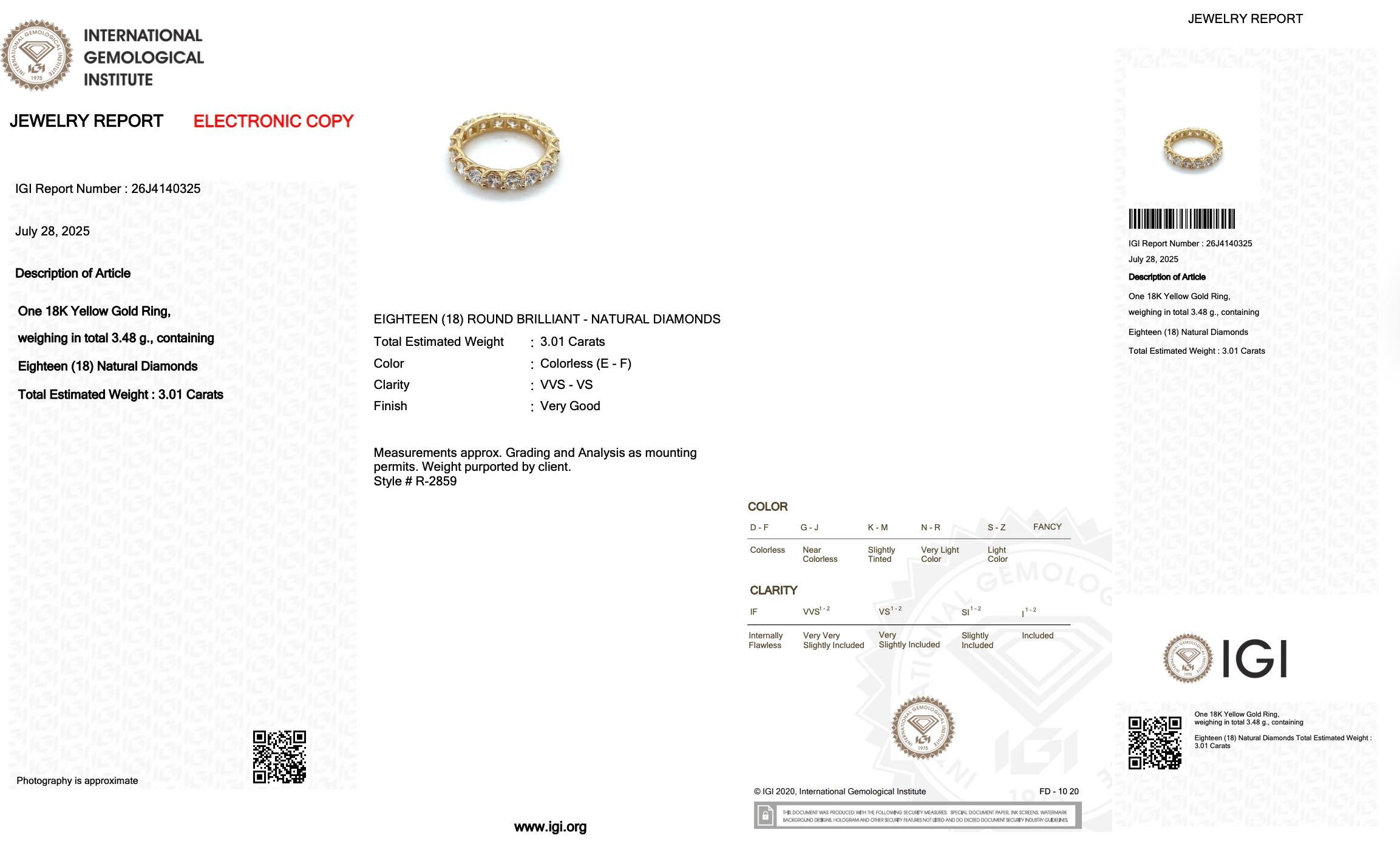 Funkelnder 3,01ct Diamanten Ewigkeitsring in 18k Gelbgold - IGI zertifiziert Damen im Angebot