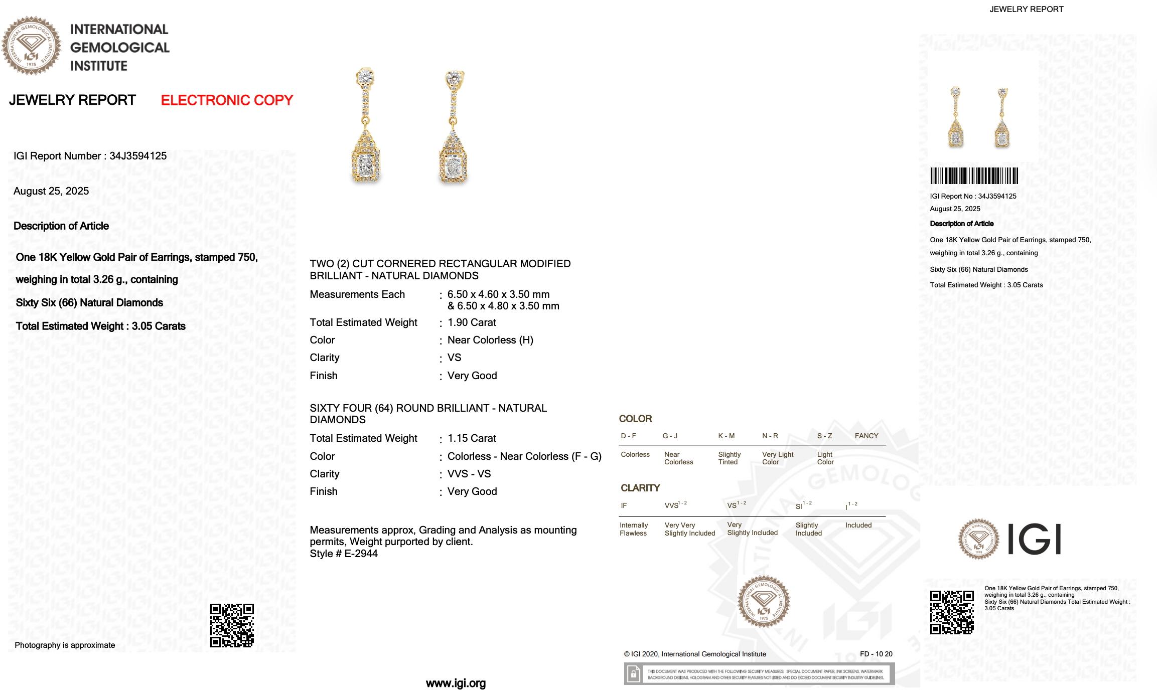 Pendientes de gota de diamantes brillantes de 3,05 ct en oro amarillo de 18k - Certificado IGI en venta 1