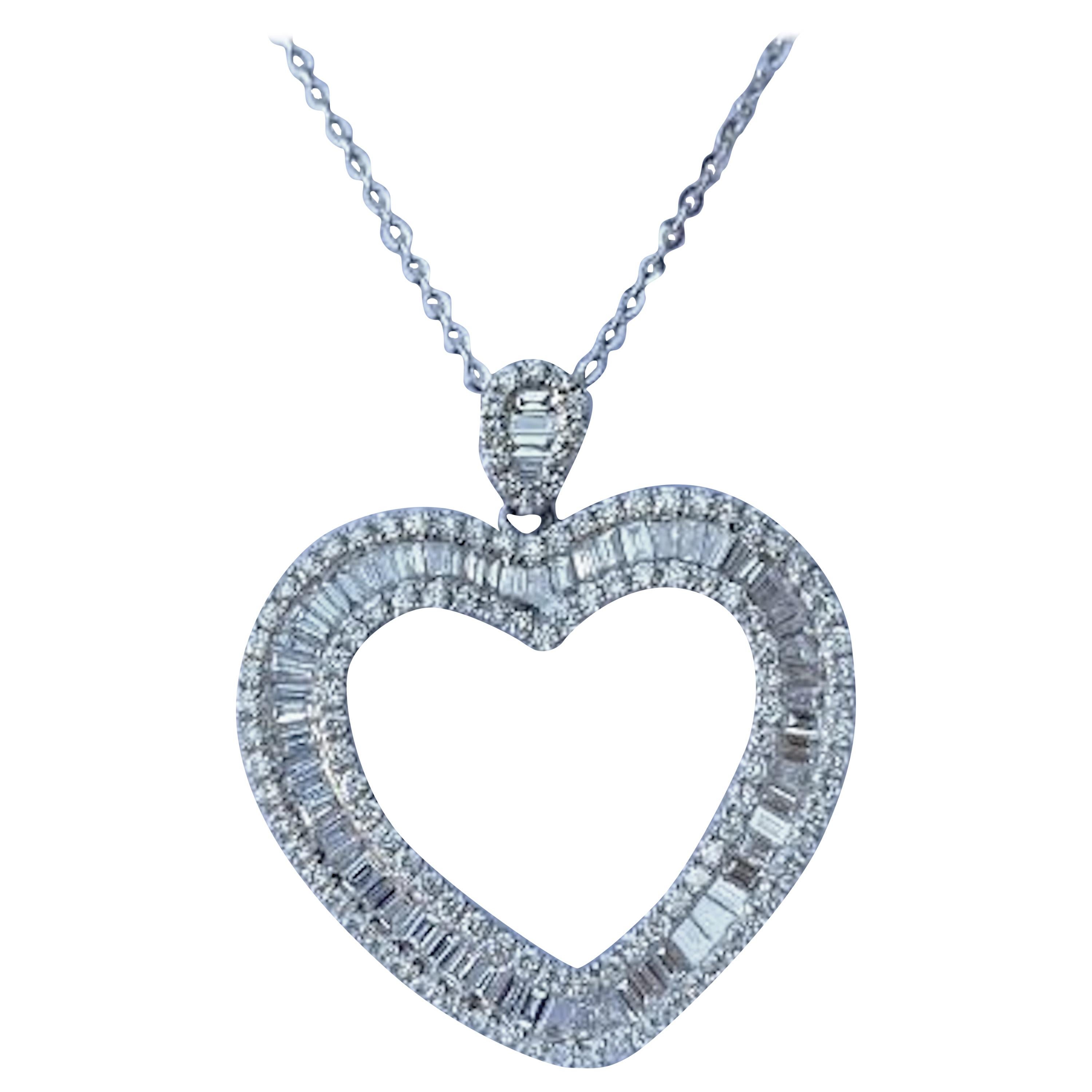 Sparkling 3.50 Carat Baguette Diamond Heart Shaped White Gold Pendant on Chain