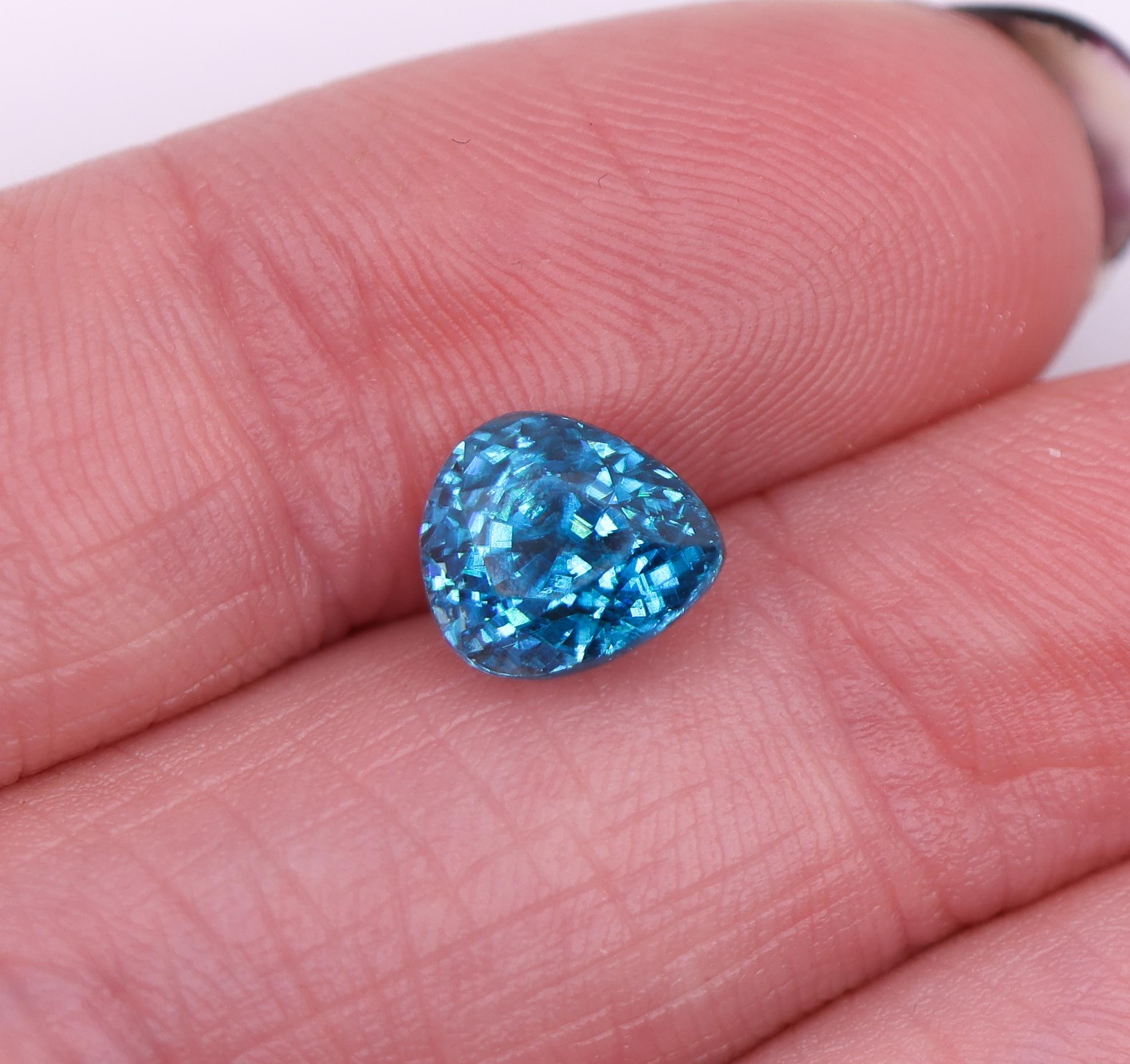 A gorgeous pear shape blue zircon looking for it's next home. If you feel a sparkle of excitement seeing this gem and want to design a one of a kind piece of jewelry, let us know! 

Cambodian Zircon is the perfect eco-friendly alternative to