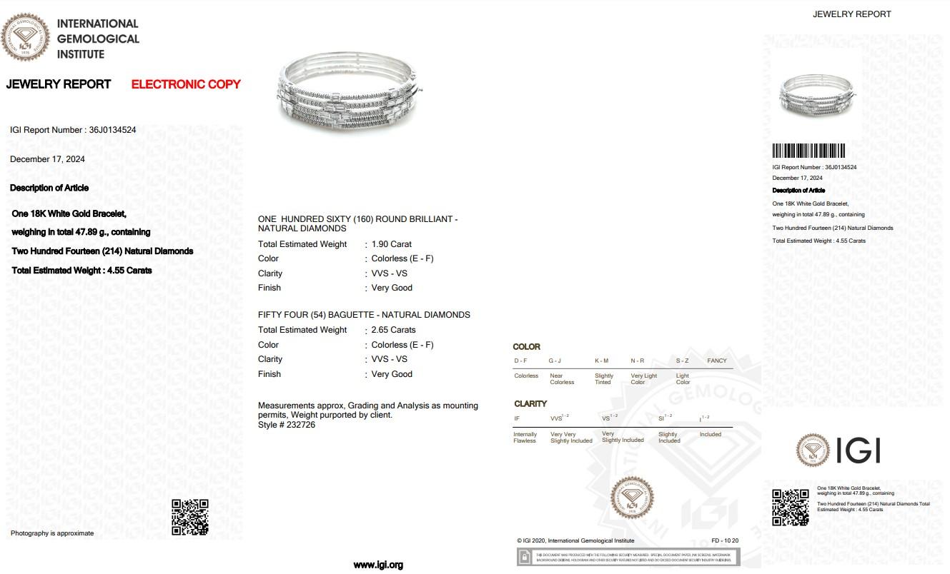 Bracelet jonc étincelant en or blanc 18 carats avec diamants de 4,55 carats, certifié IGI en vente 1