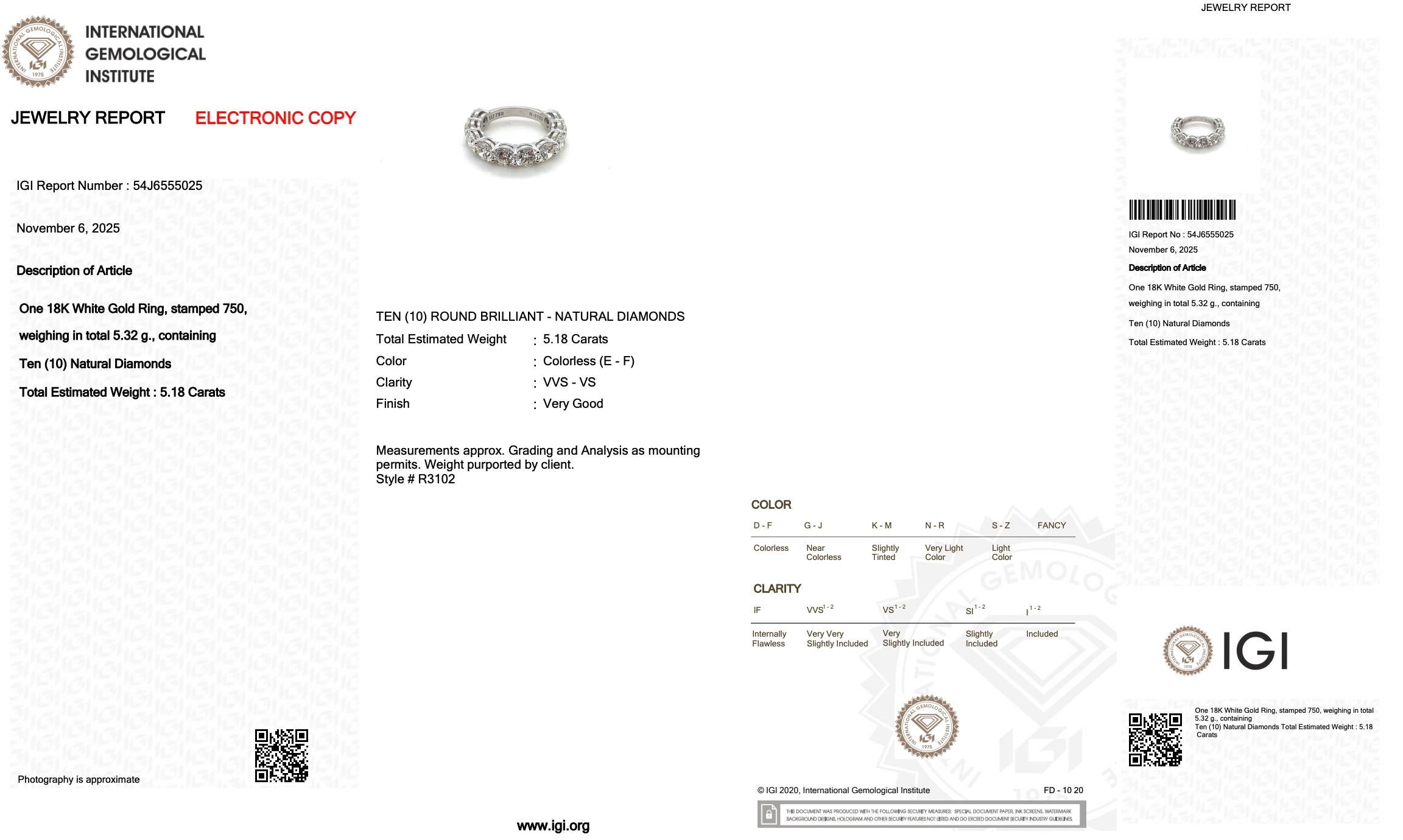 Donna Anello a fascia con 5,18 carati di diamanti in oro bianco 18 carati - Certificato IGI in vendita