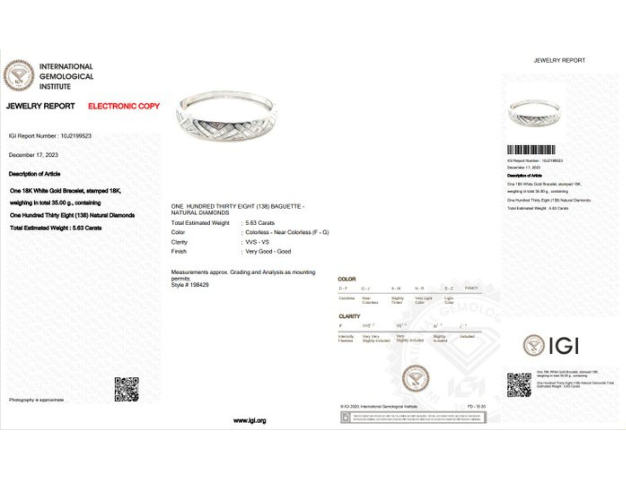 Sparkling 5.63ct Baguette Diamond Bracelet in 18K White Gold For Sale 1