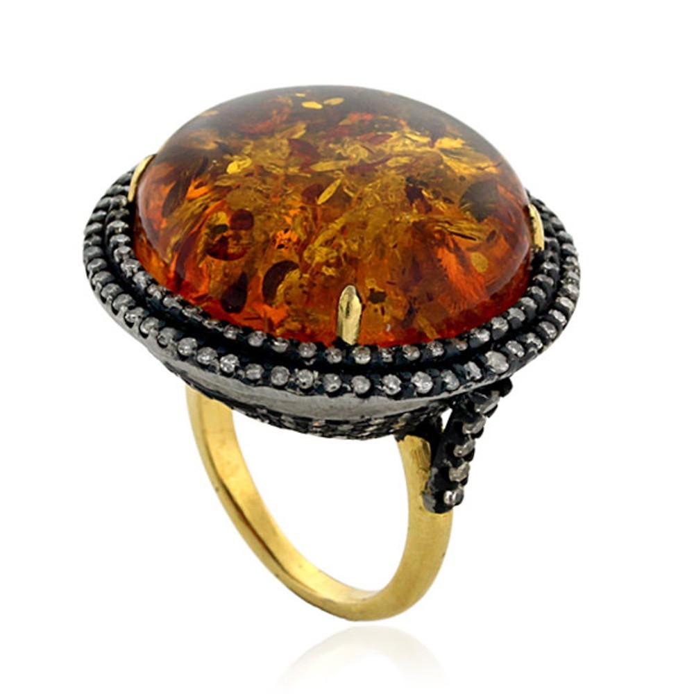 Artisan Sparkling Amber Cocktail Ring with Pave Diamonds Made in 14k Gold & Silver For Sale