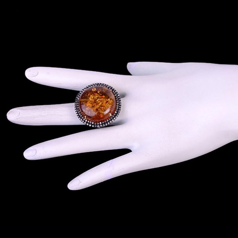 Mixed Cut Sparkling Amber Cocktail Ring with Pave Diamonds Made in 14k Gold & Silver For Sale