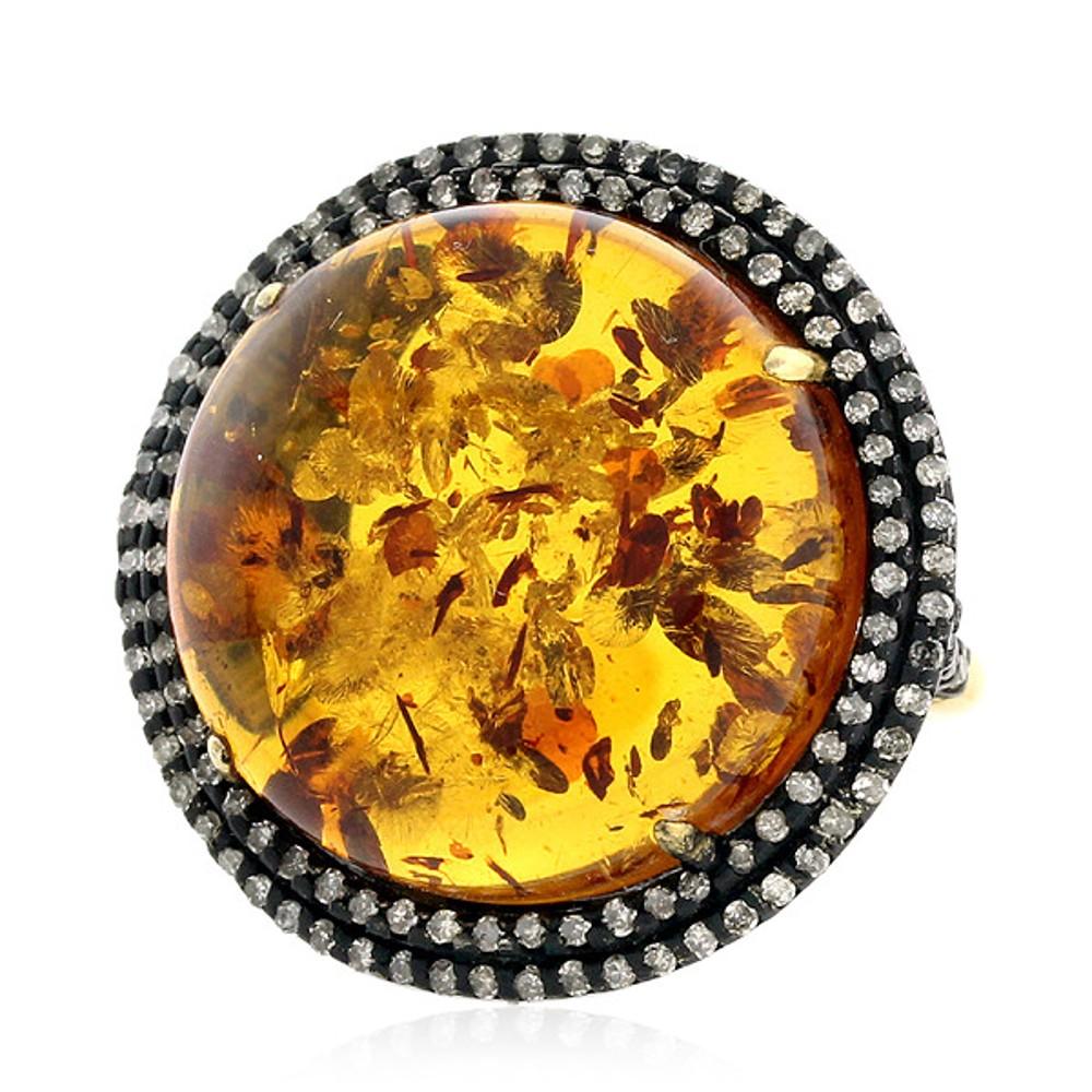 Sparkling Amber Cocktail Ring with Pave Diamonds Made in 14k Gold & Silver In New Condition For Sale In New York, NY