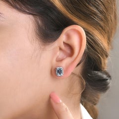 Sparkling Aquamarine Diamond Halo Stud Earrings Gift for Her in 14k White Gold