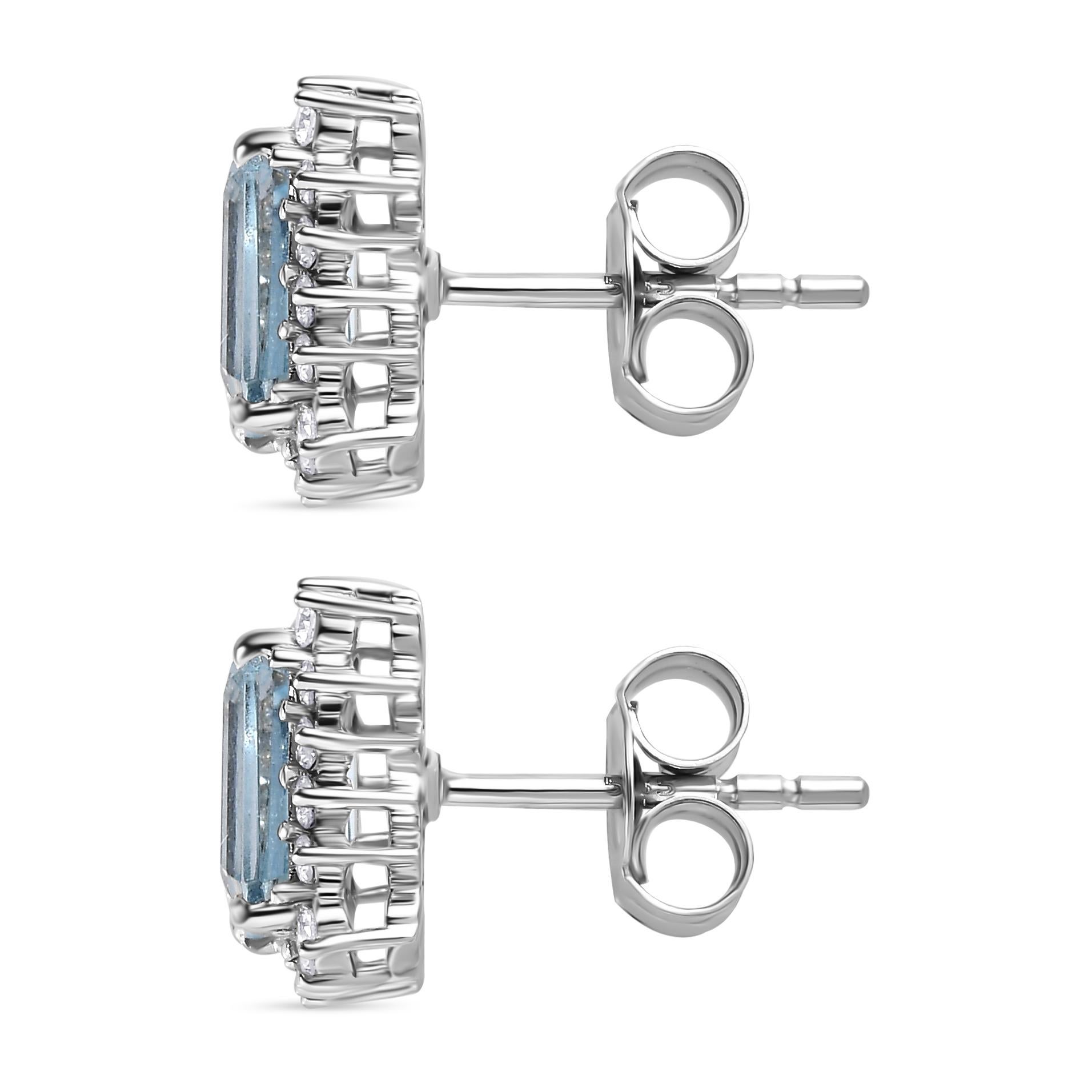 Modern Sparkling Aquamarine Diamond Halo Stud Earrings Gift for Her in 14k White Gold For Sale