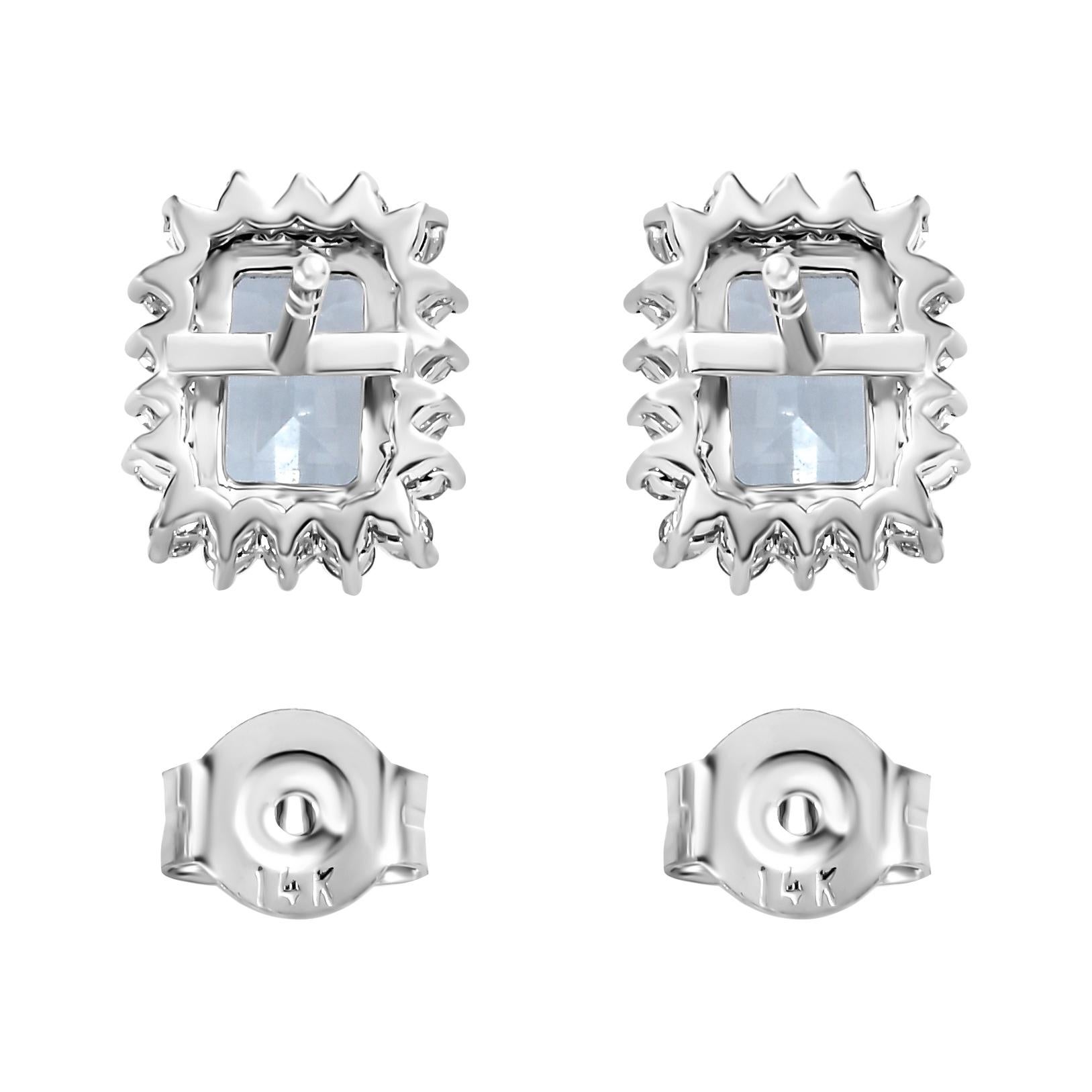 Sparkling Aquamarine Diamond Halo Stud Earrings Gift for Her in 14k White Gold For Sale 1