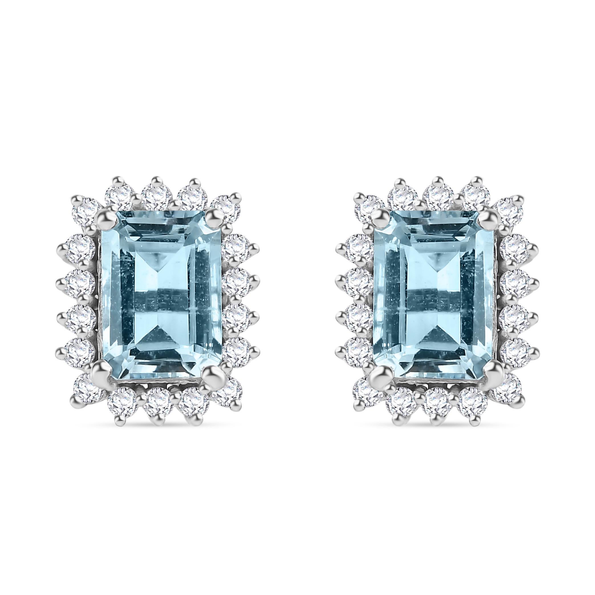 Sparkling Aquamarine Diamond Halo Stud Earrings Gift for Her in 14k White Gold For Sale 3