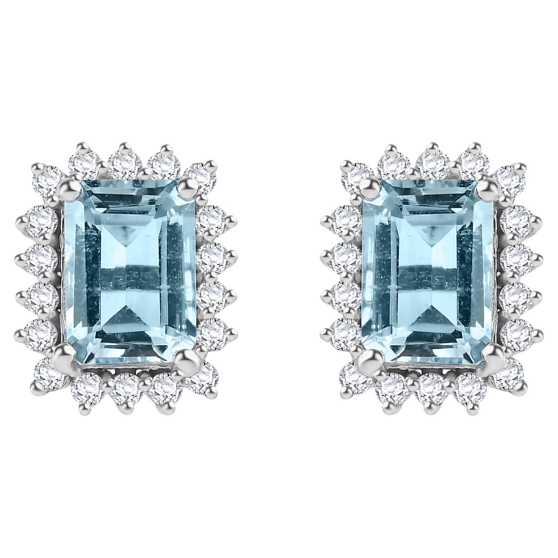 Sparkling Aquamarine Diamond Halo Stud Earrings Gift for Her in 14k White Gold For Sale