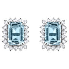 Sparkling Aquamarine Diamond Halo Stud Earrings Gift for Her in 14k White Gold