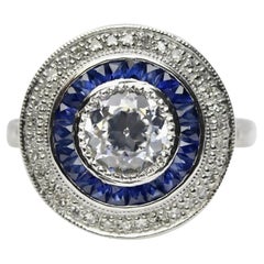 Sparkling Art Deco Diamond & Sapphire Target Ring in Platinum