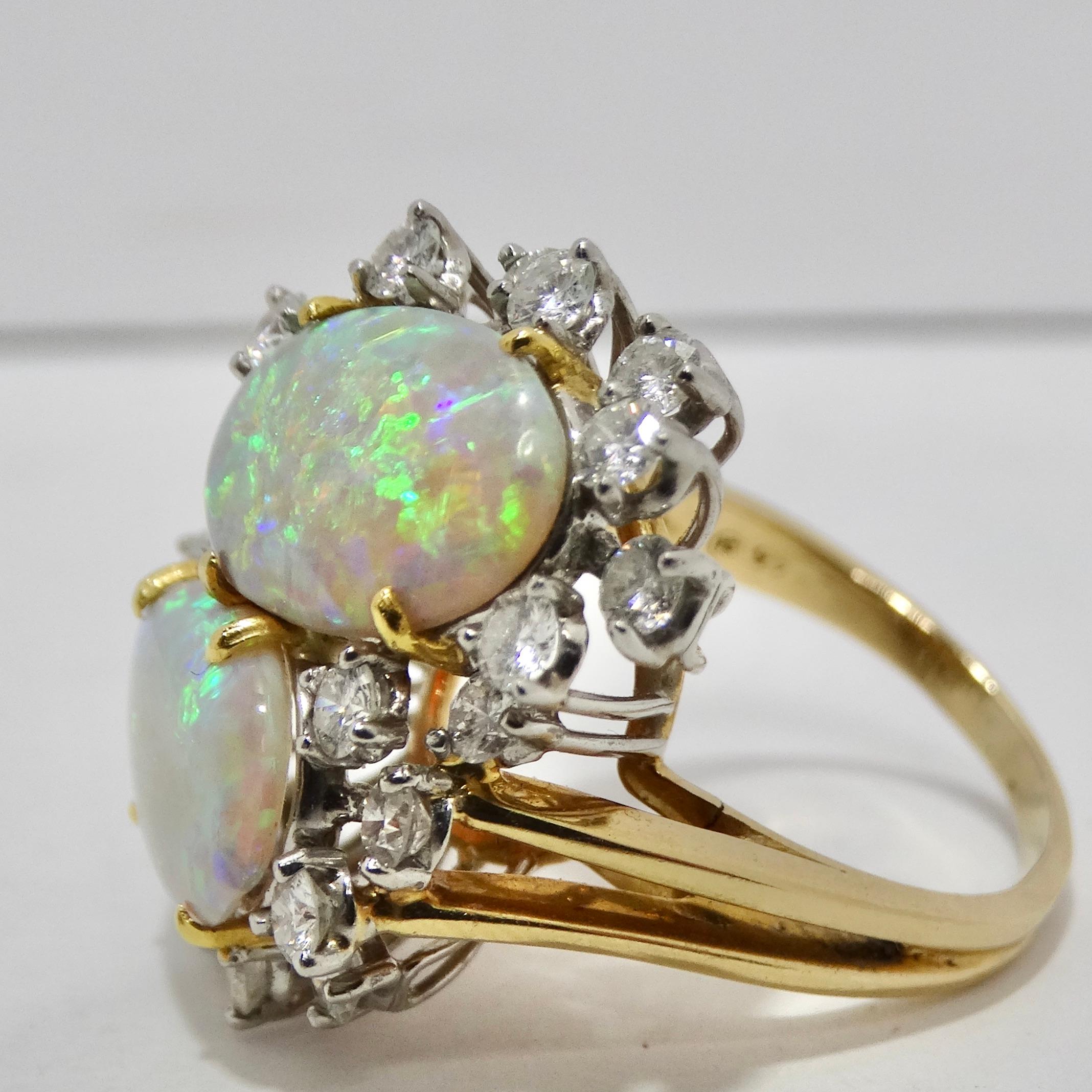Round Cut Australian Opal Sparkling Cocktail Diamond 18K Gold Ring For Sale