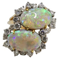 Antique Australian Opal Sparkling Cocktail Diamond 18K Gold Ring