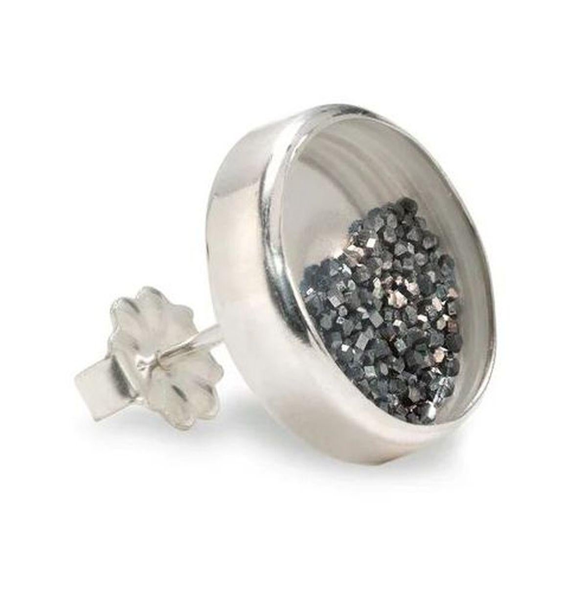 Simply Beautiful! Sparkling Black Diamond Dust Sterling Silver Post Earrings. Each pair contains One Carat of Black Diamonds that move freely inside an encased Custom-Made Mineral Crystal in Hand crafted Sterling Silver surround. Lightweight Super